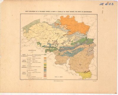 Carte géologique de la Belgique d'après la carte à l'échelle du 40000 éme, dréssée par ordre du gouvernement 1000k 1905