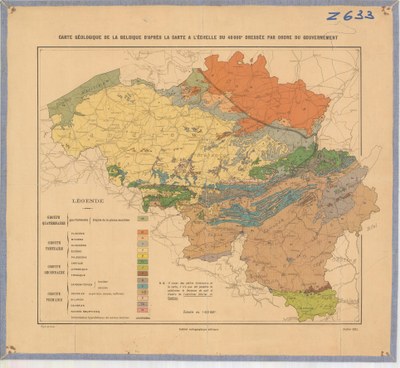 Carte géologique de la Belgique d'après la carte à l'échelle du 40000 éme, dréssée par ordre du gouvernement 1000k 1921